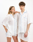 PYJAMA SHIRT WITH BLUE STRIPES AND SHORT SLEEVES - UNISEX