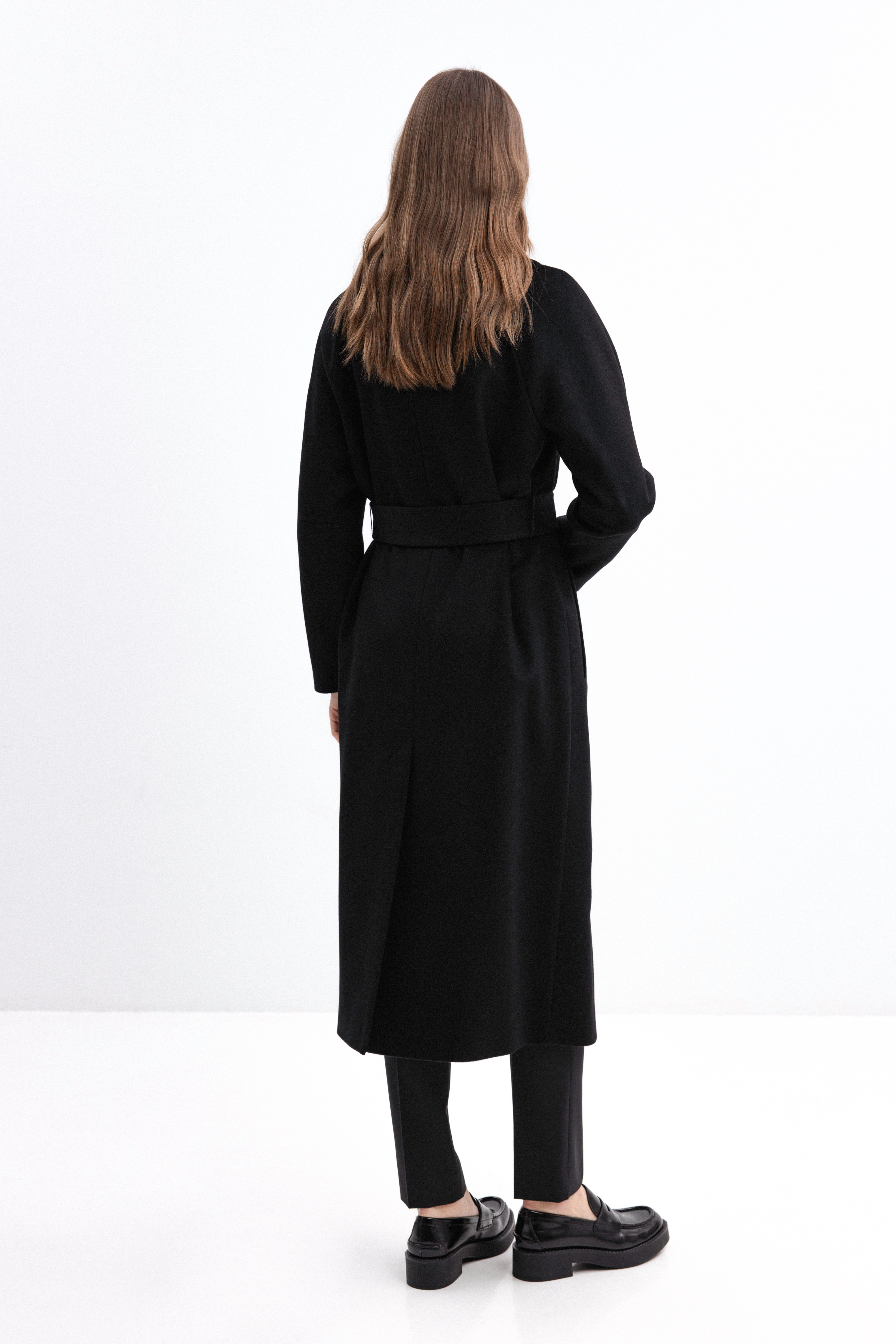 BLACK BELTED WOOL COAT