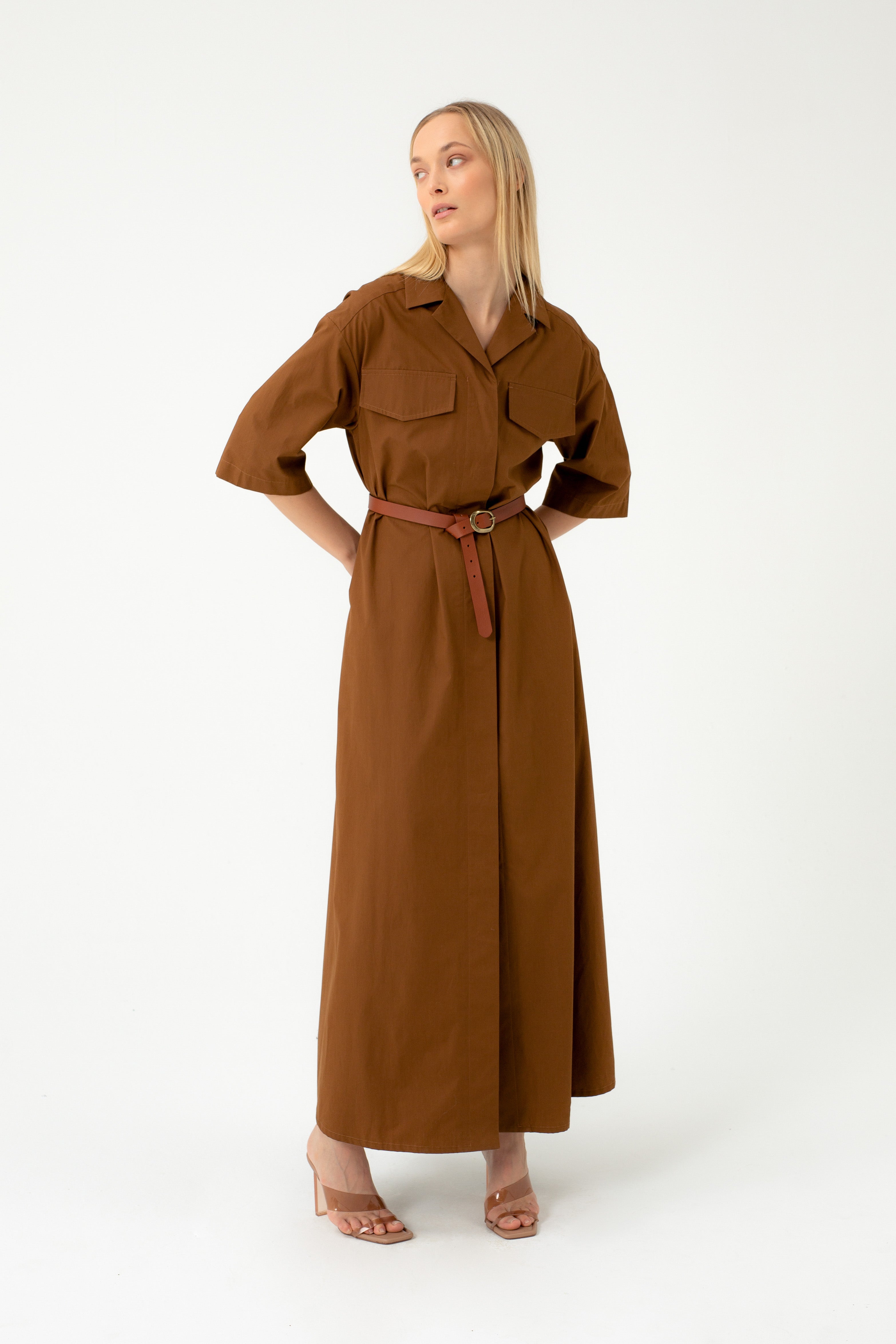 MAXI CAMEL DRESS WITH FRONT POCKETS