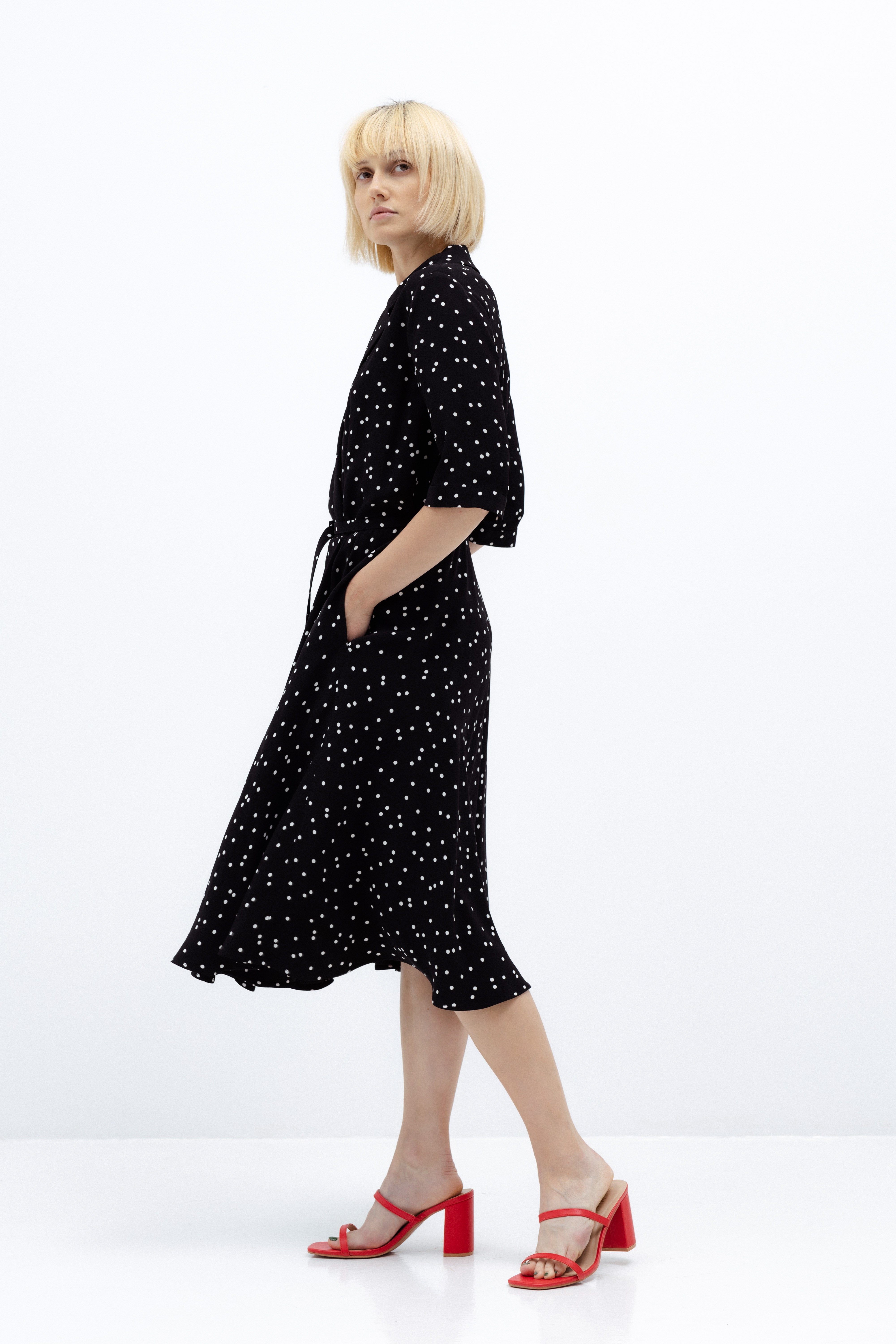 BLACK MIDI POLKA-DOT DRESS WITH BELT