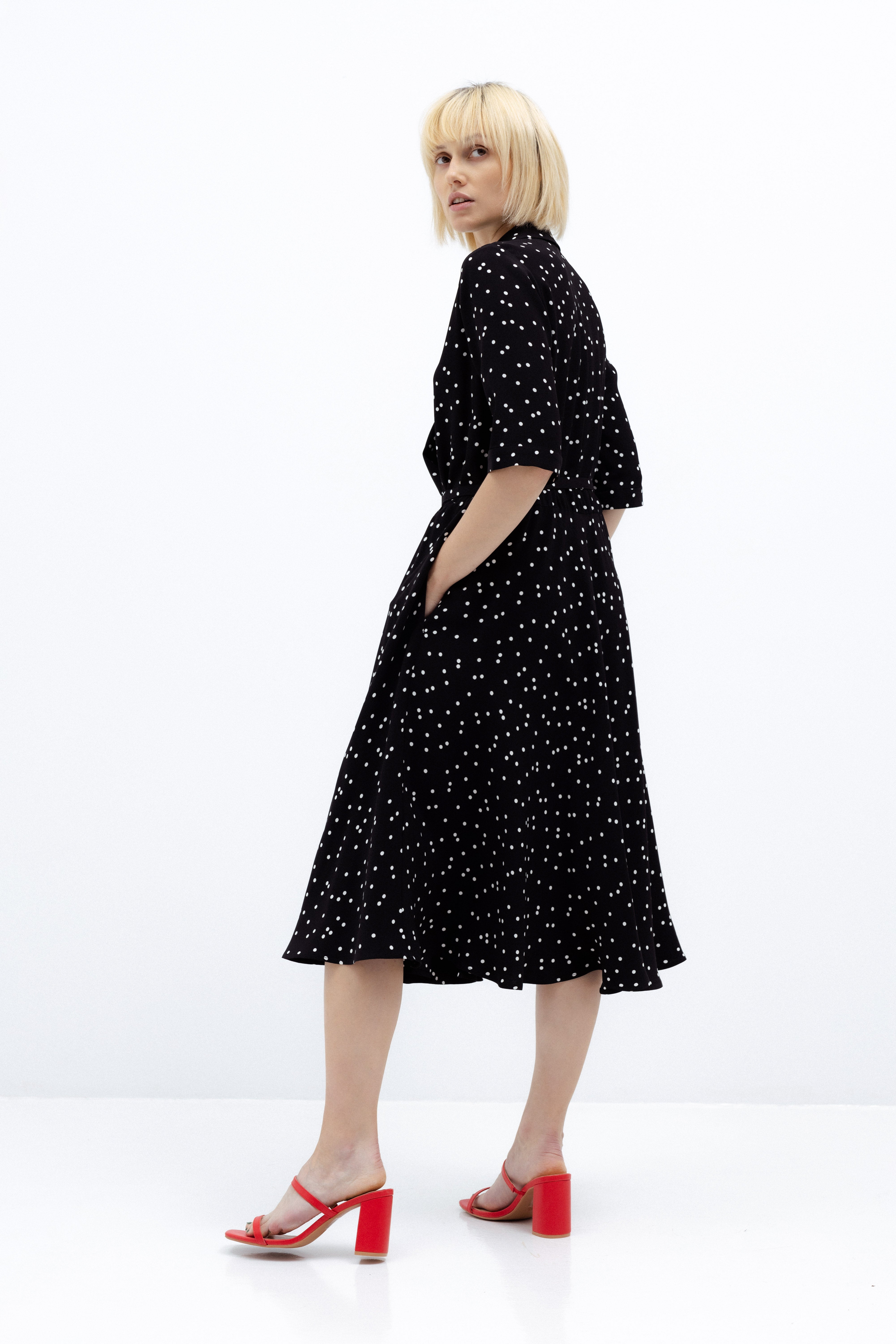 BLACK MIDI POLKA-DOT DRESS WITH BELT