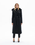 BLACK LONG BELTED COAT WITH DOUBLEFACED WOOL HOOD