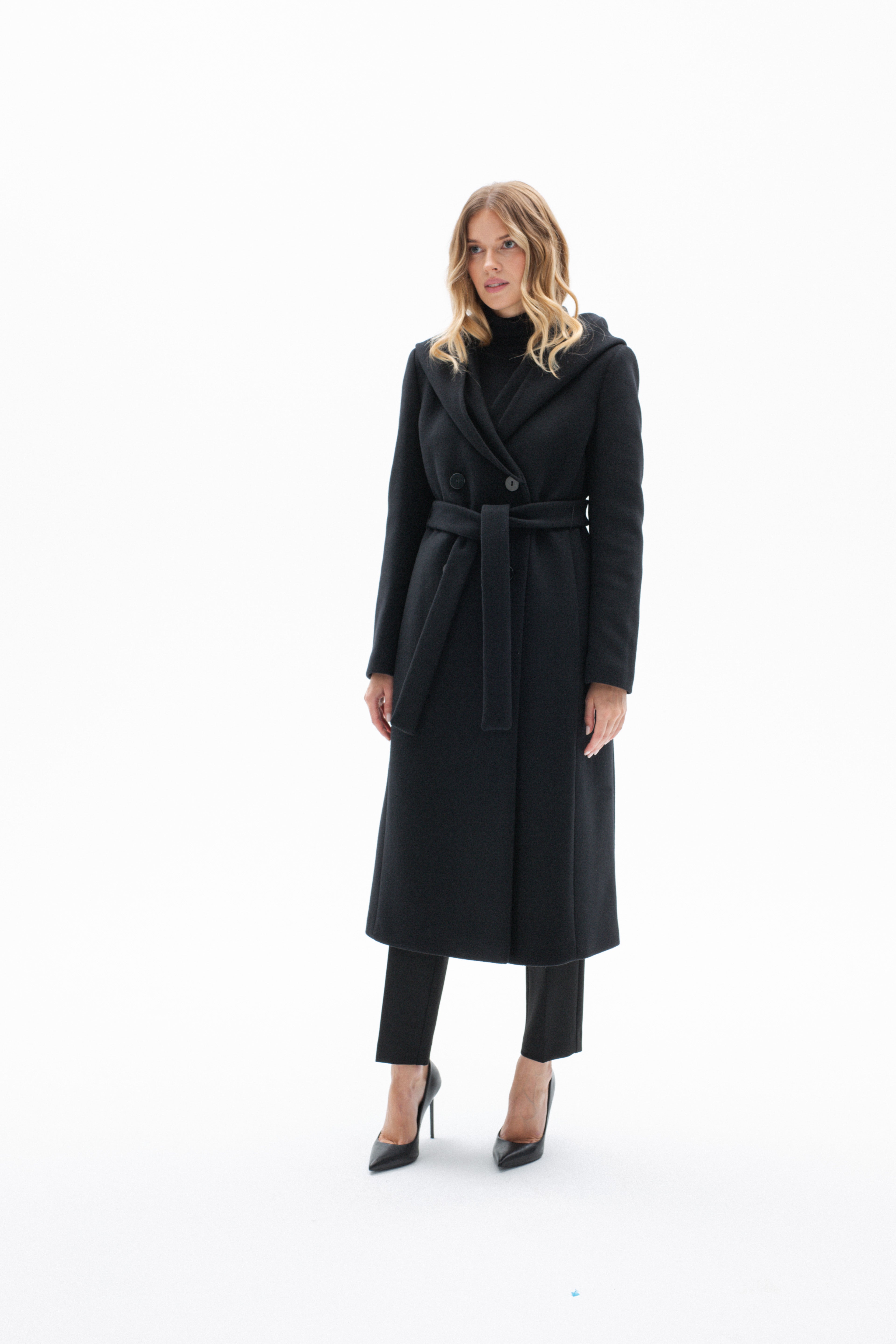 BLACK LONG BELTED COAT WITH DOUBLEFACED WOOL HOOD