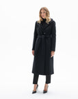 BLACK LONG BELTED COAT WITH DOUBLEFACED WOOL HOOD