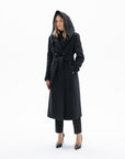 BLACK LONG BELTED COAT WITH DOUBLEFACED WOOL HOOD