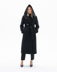 BLACK LONG BELTED COAT WITH DOUBLEFACED WOOL HOOD