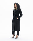 BLACK LONG BELTED COAT WITH DOUBLEFACED WOOL HOOD