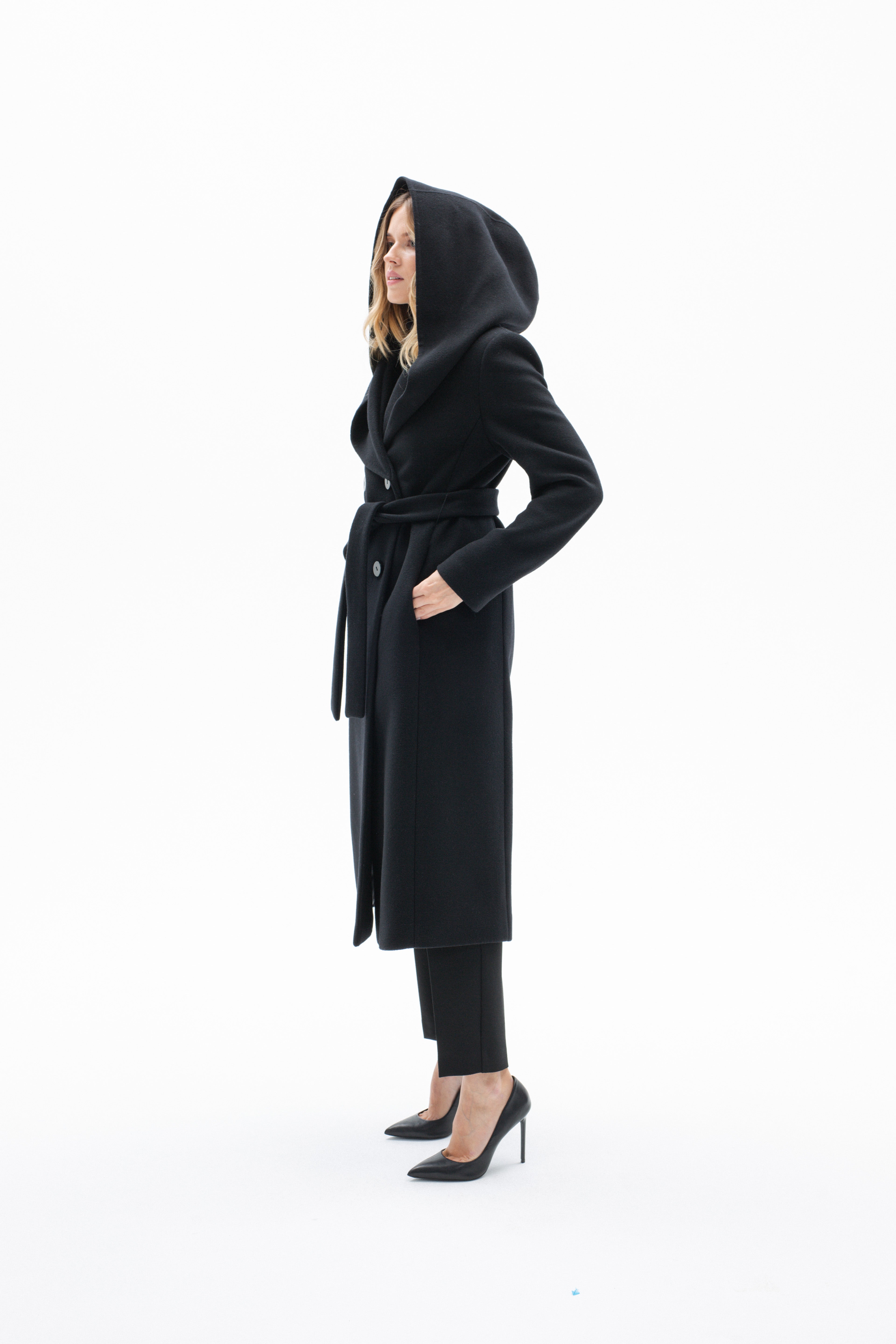 BLACK LONG BELTED COAT WITH DOUBLEFACED WOOL HOOD