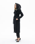 BLACK LONG BELTED COAT WITH DOUBLEFACED WOOL HOOD