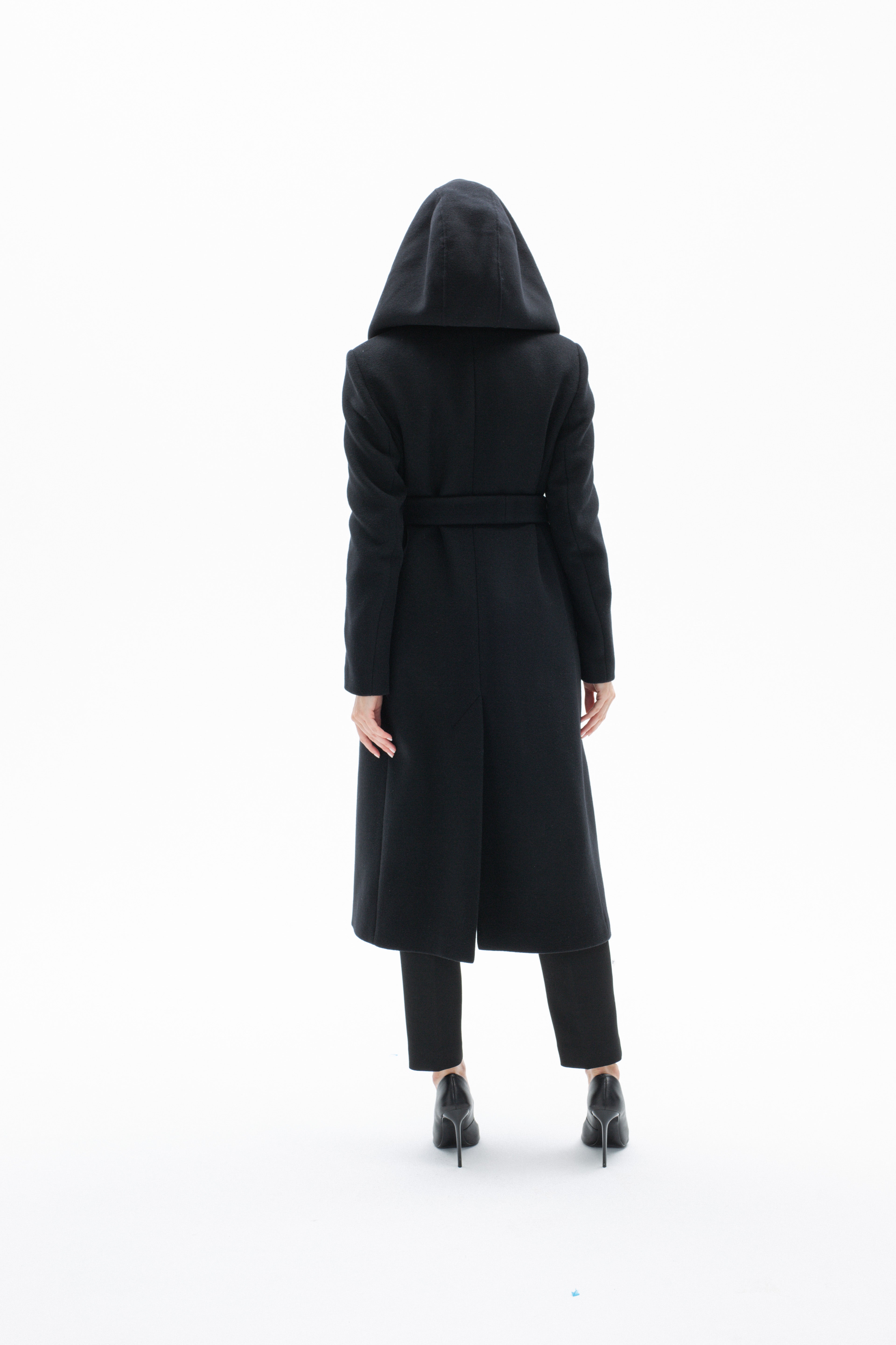 BLACK LONG BELTED COAT WITH DOUBLEFACED WOOL HOOD