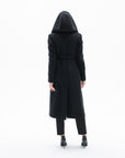 BLACK LONG BELTED COAT WITH DOUBLEFACED WOOL HOOD