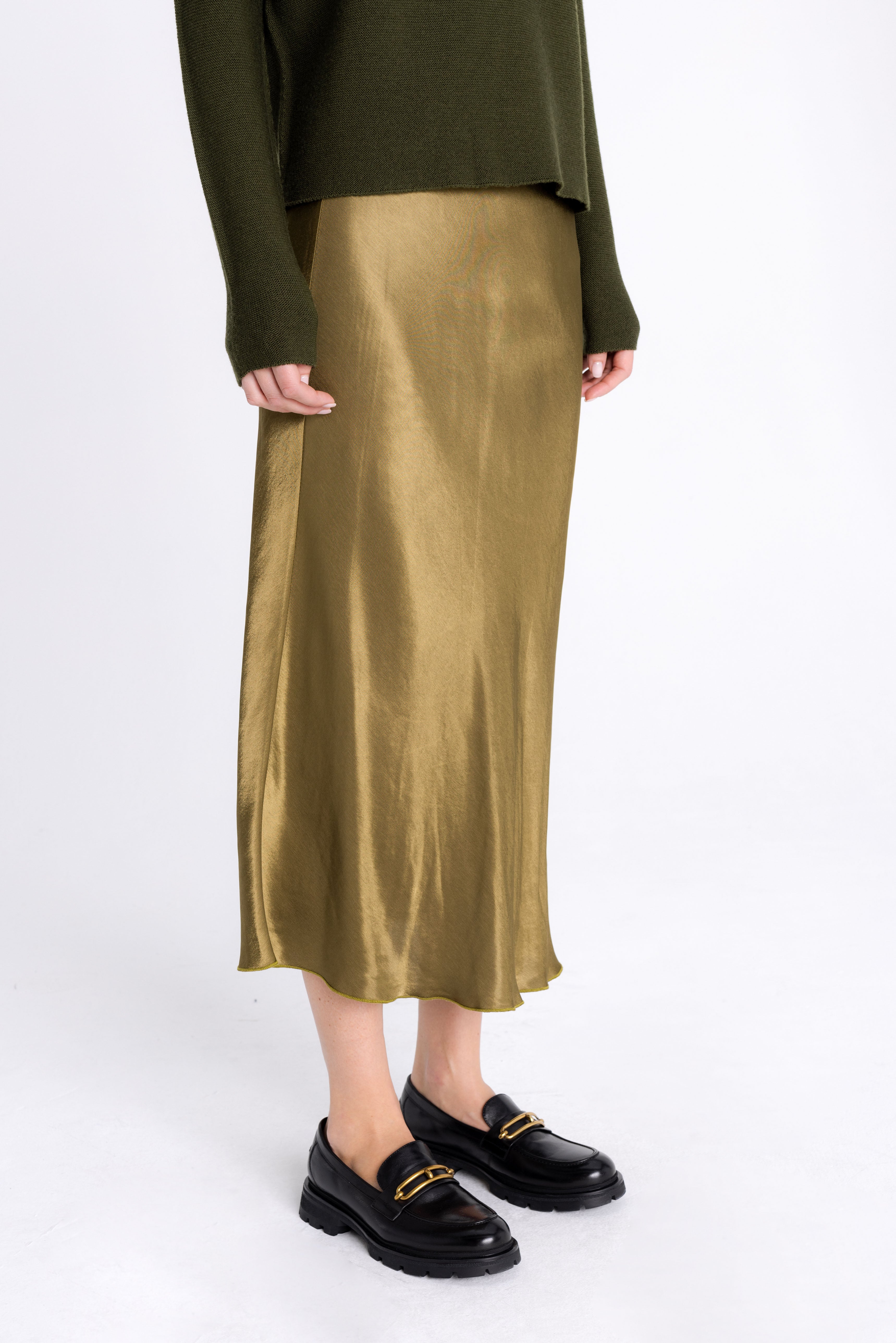 FLARED MIDI OLIVE SKIRT