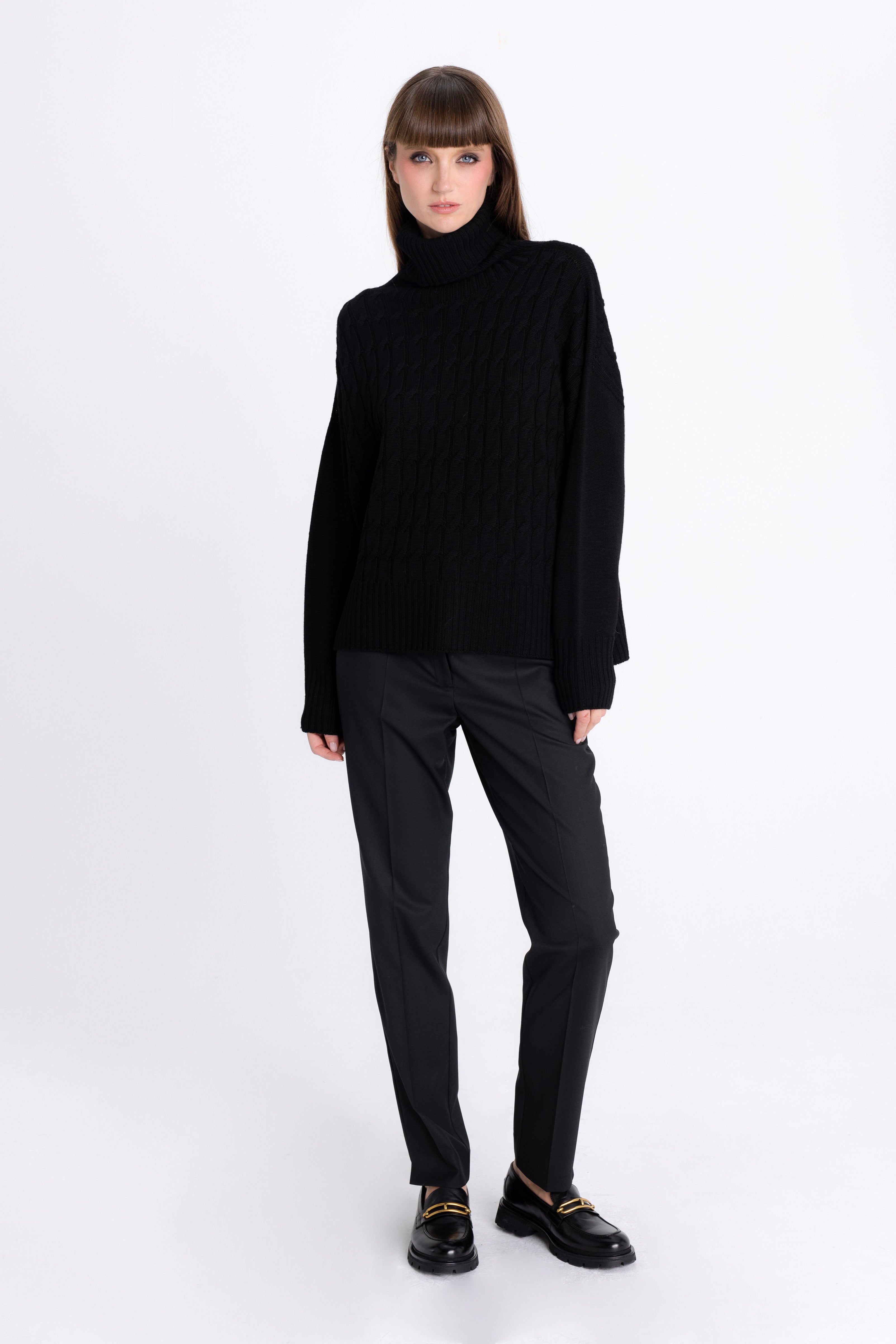 BLACK HIGH-NECK MERINO WOOL SWEATER