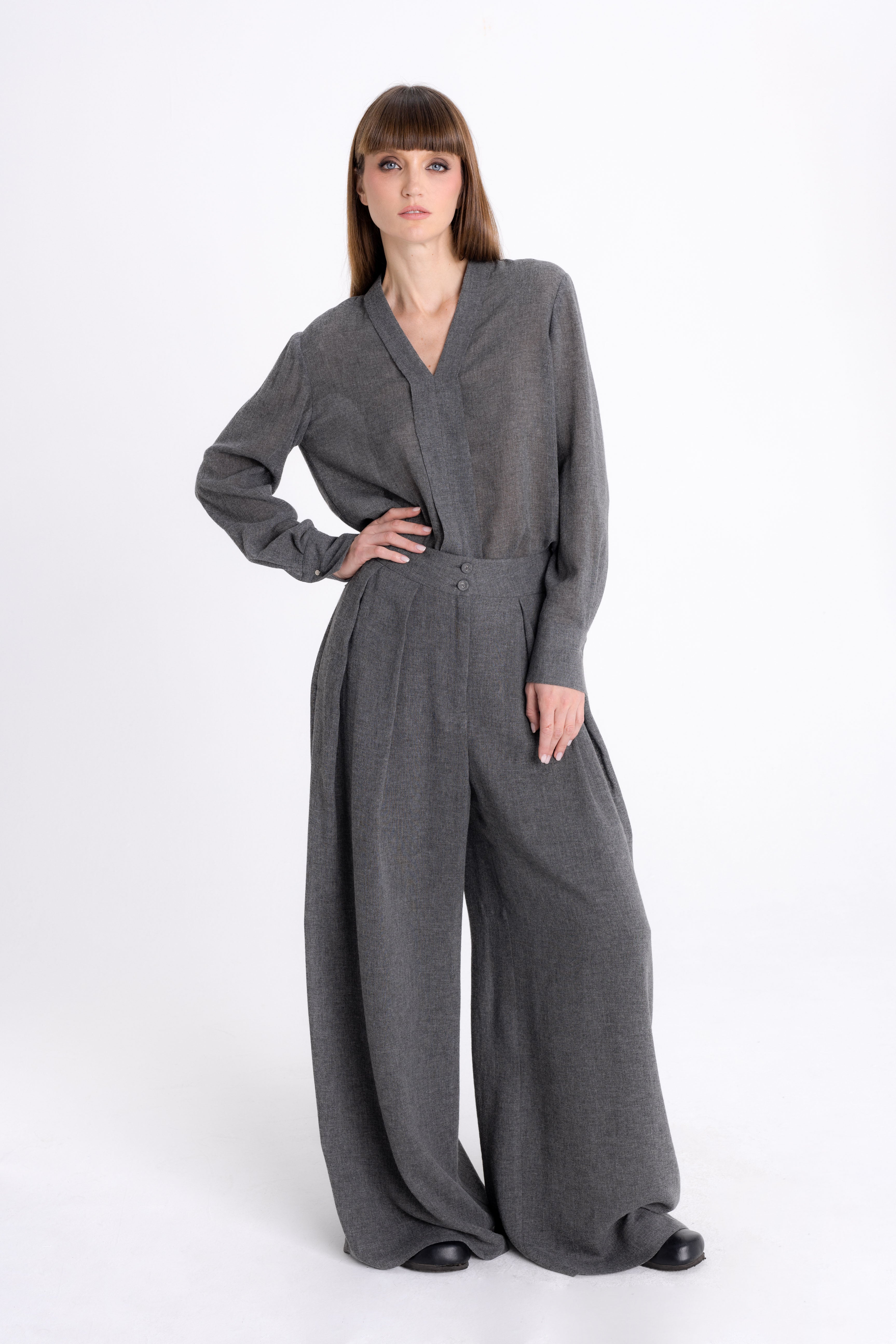 Grey wool wide leg trousers best sale